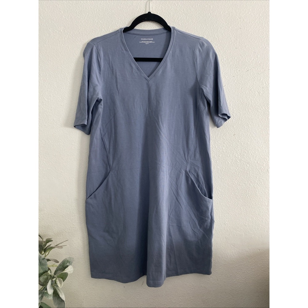 Eileen Fisher Cotton Stretch V-Neck t shirt dress /blue/pockets Women's‎ Sz XS